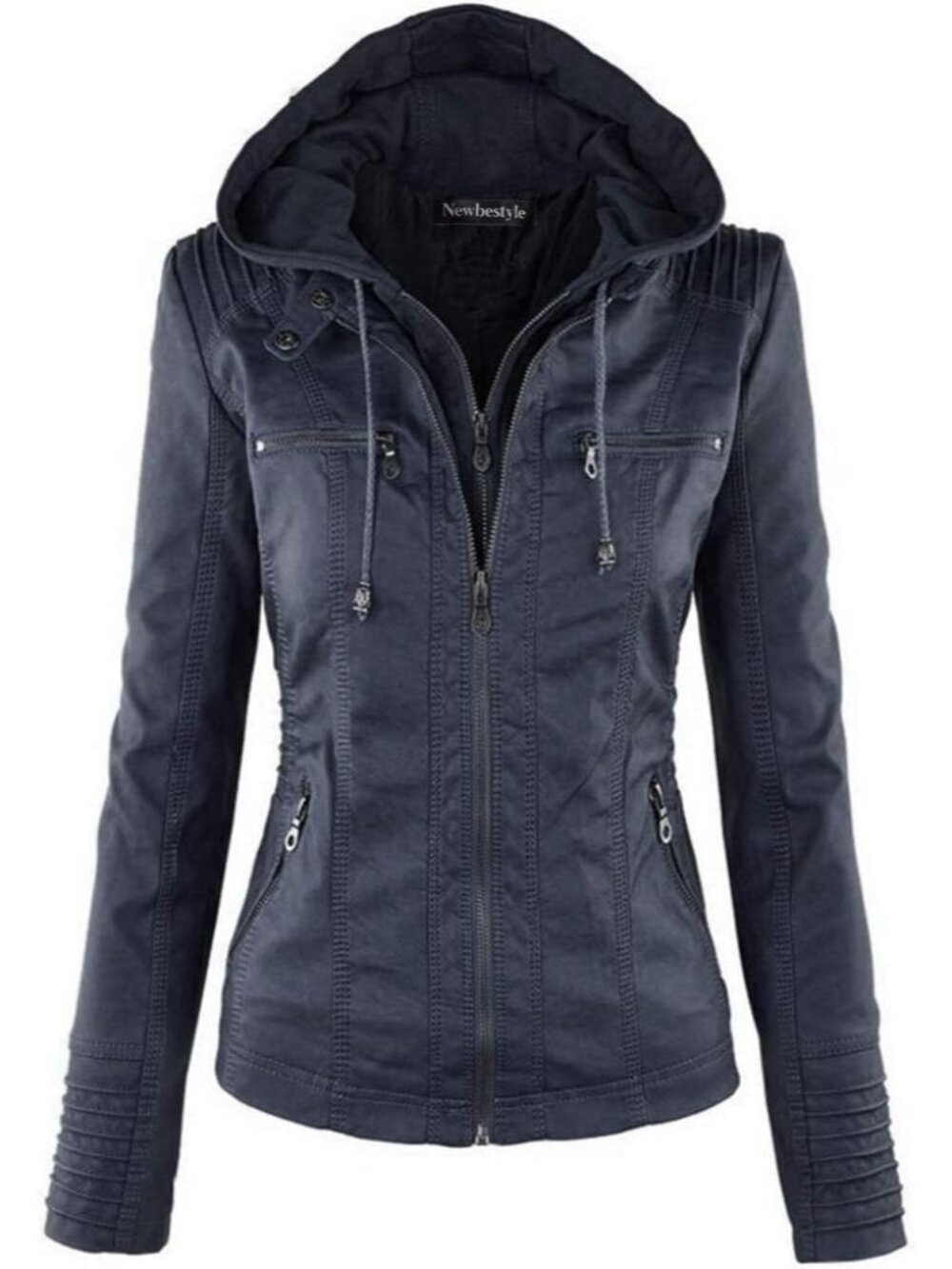 Women’s Navy Blue Hooded Faux Leather Motorcycle Jacket Zip Up Casual Biker Coat
